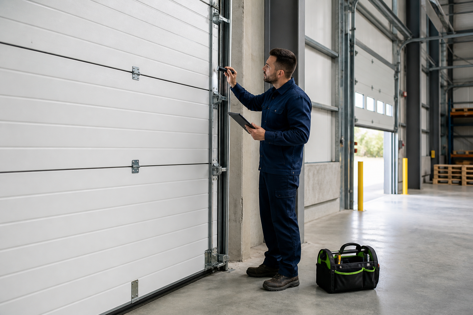 Garage door professional inspecting a commercial overhead door track