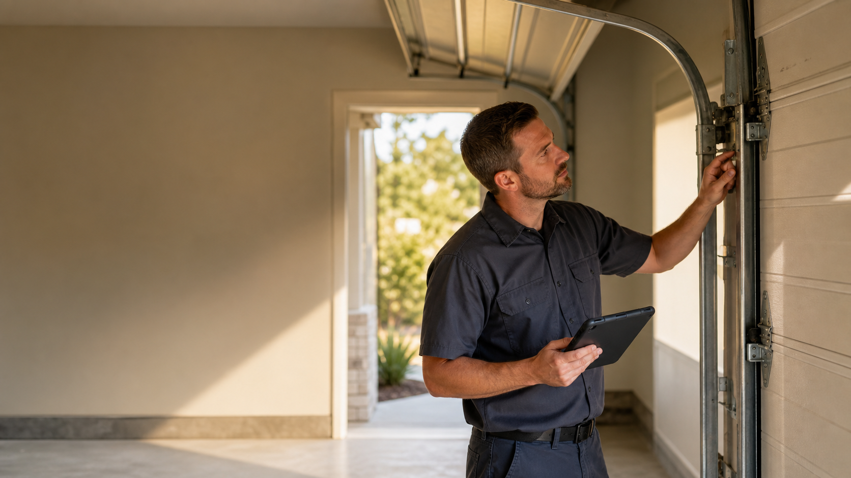 Garage door technician inspecting a residential door track and roller assembly
