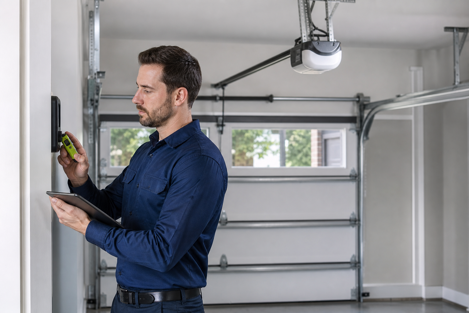 Garage door professional checking an opener wall control and overhead rail