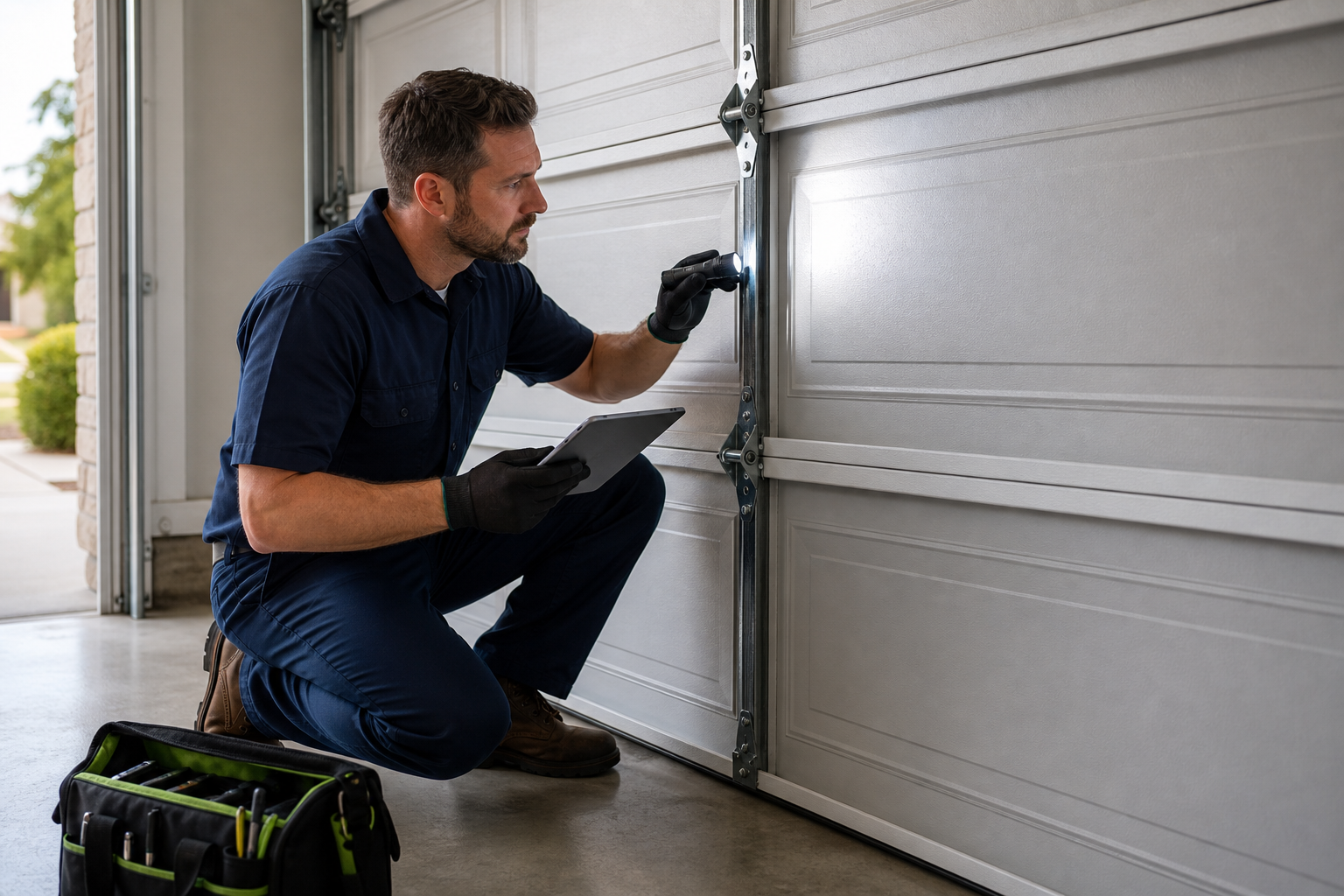 Garage door professional inspecting a roller and hinge area