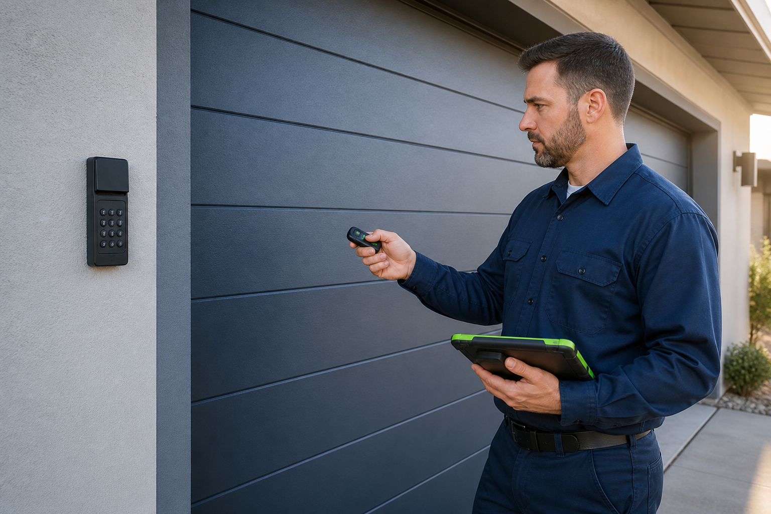Garage door professional testing a remote and exterior keypad