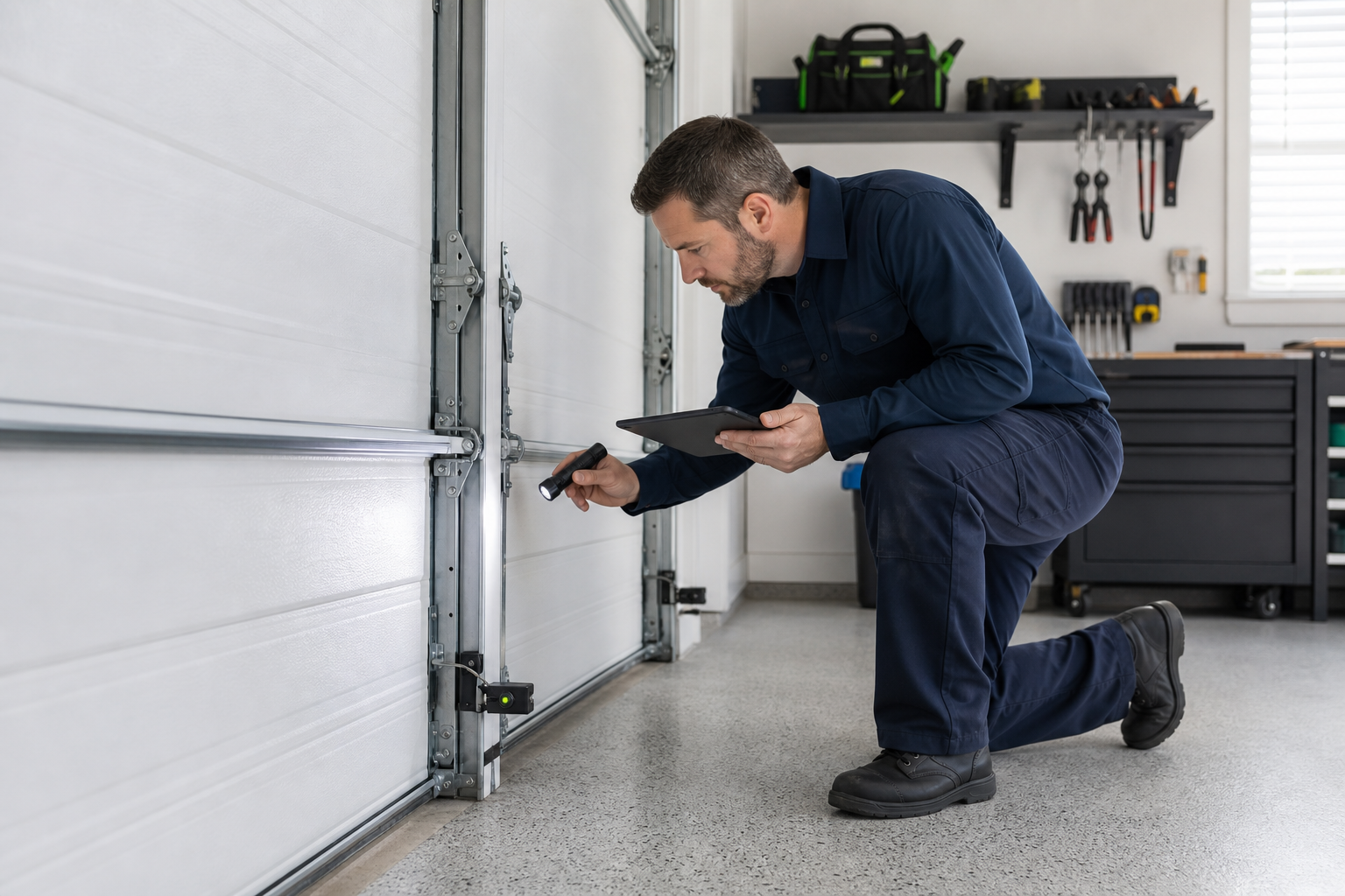 Garage door professional inspecting a safety sensor and lower track