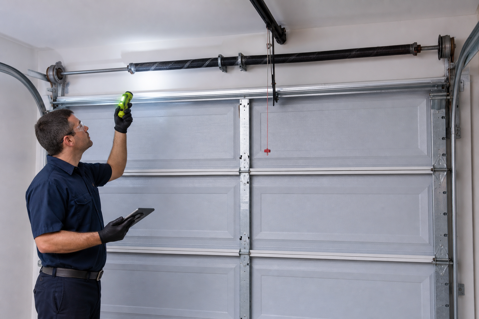 Garage door professional visually assessing lift hardware from a safe position