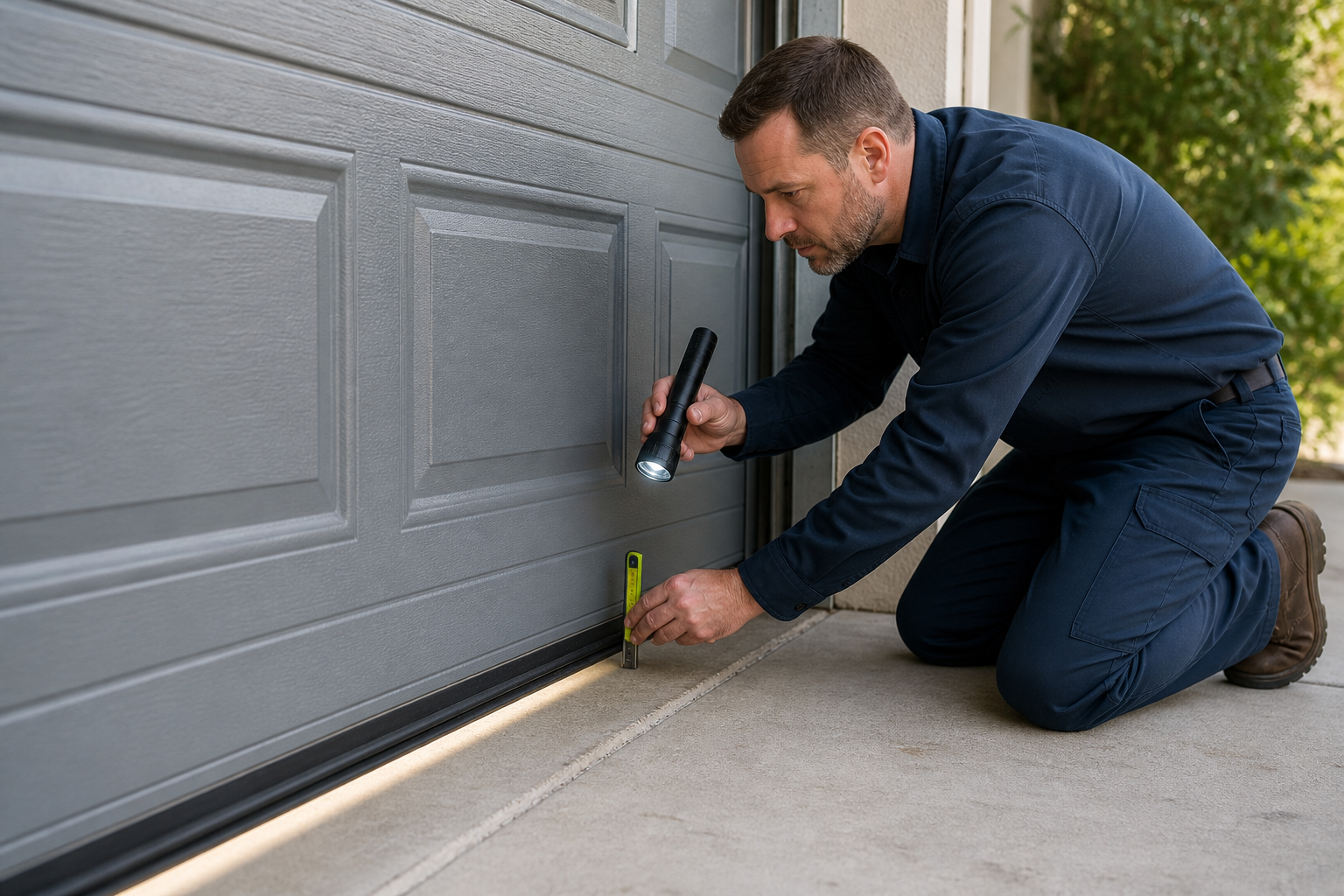 Garage door professional assessing a bottom weather seal