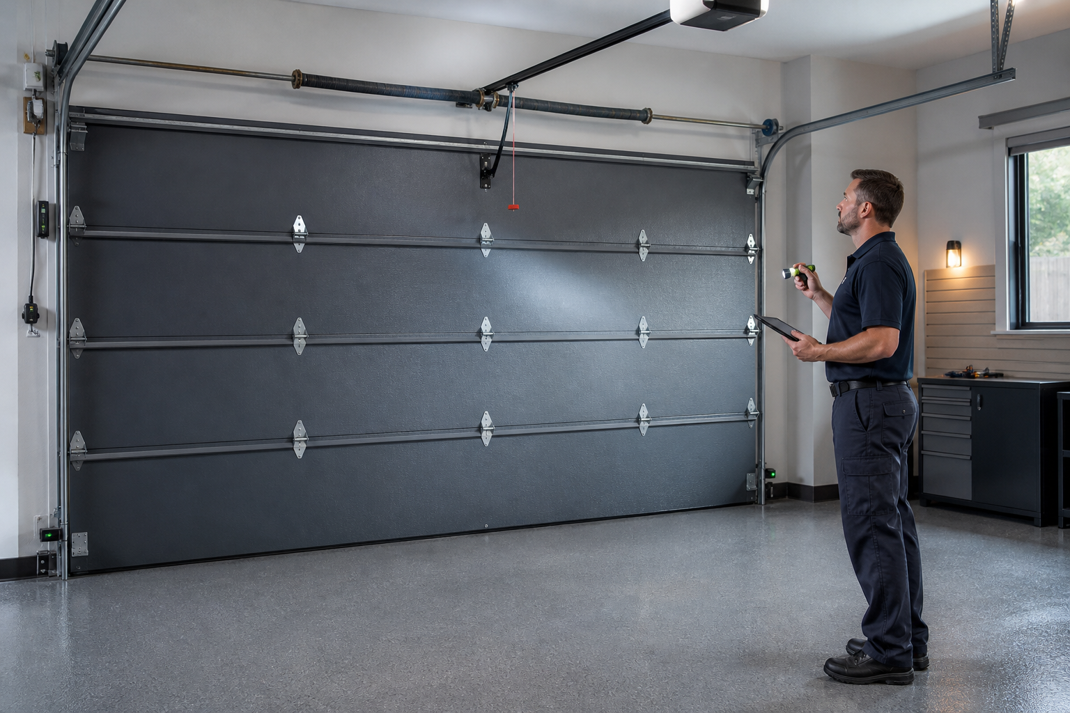 Garage door professional conducting a whole-system safety inspection